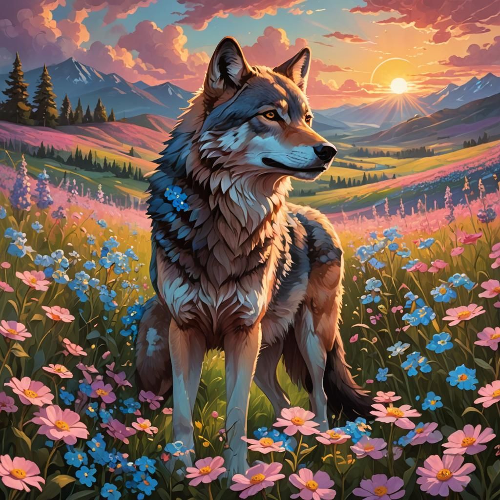 Wolf in Flower Field Fantasy Art