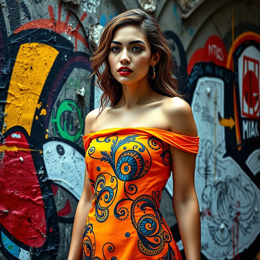 Surreal Urban Goddess in Vibrant Orange Oil-Gouache Dress