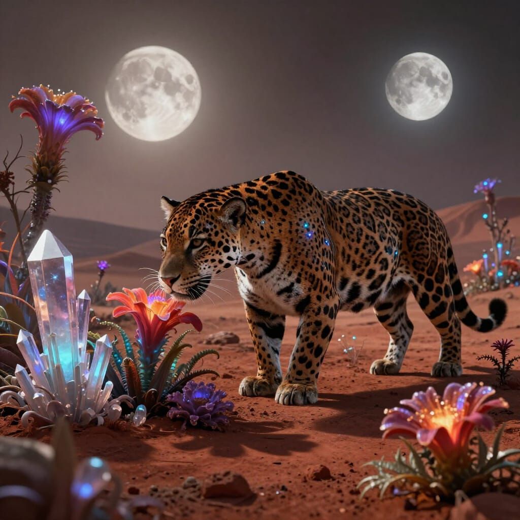 Celestial Jaguar in Bioluminescent Martian Garden Under Twin...