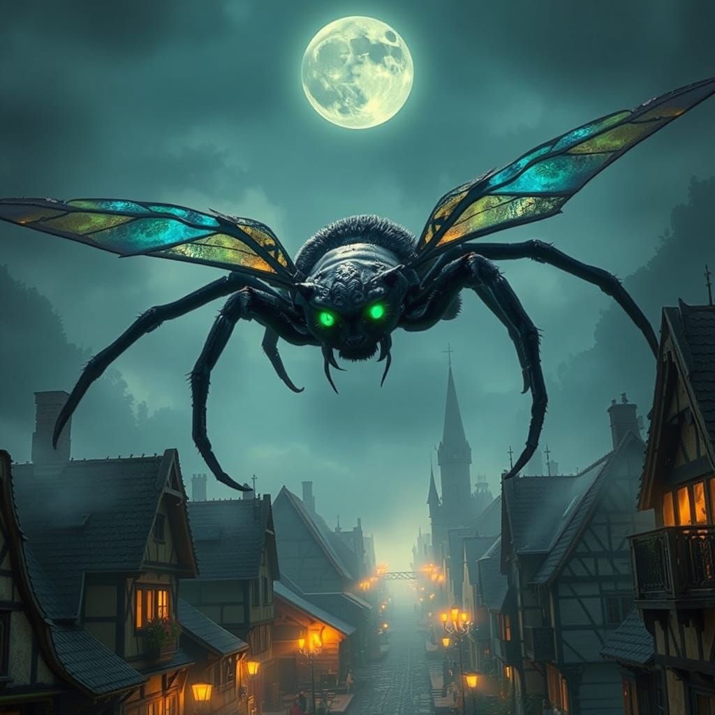 Majestic Feline Spider Soars Through Moonlit Medieval Villag...