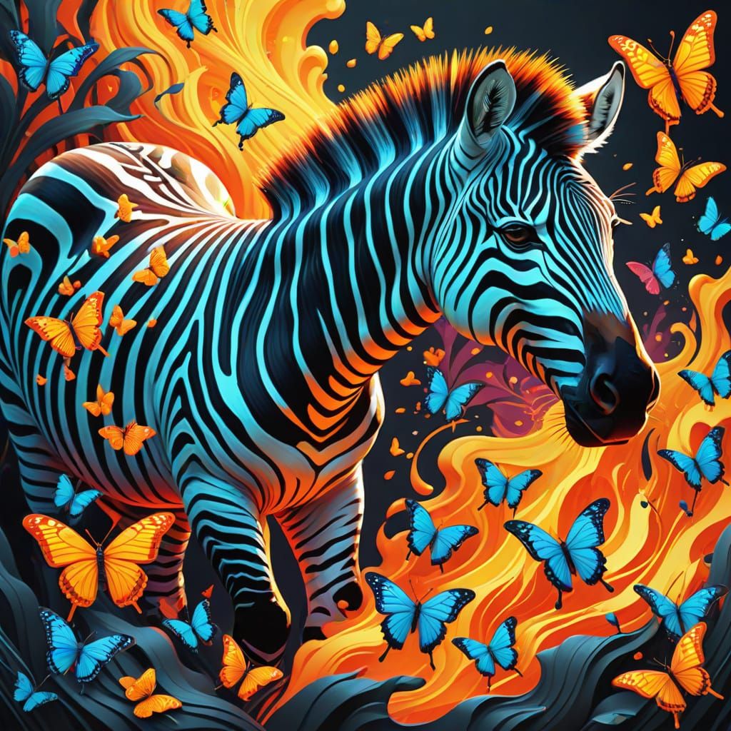 Lava Zebra Optical Illusion with Fractal Butterflies