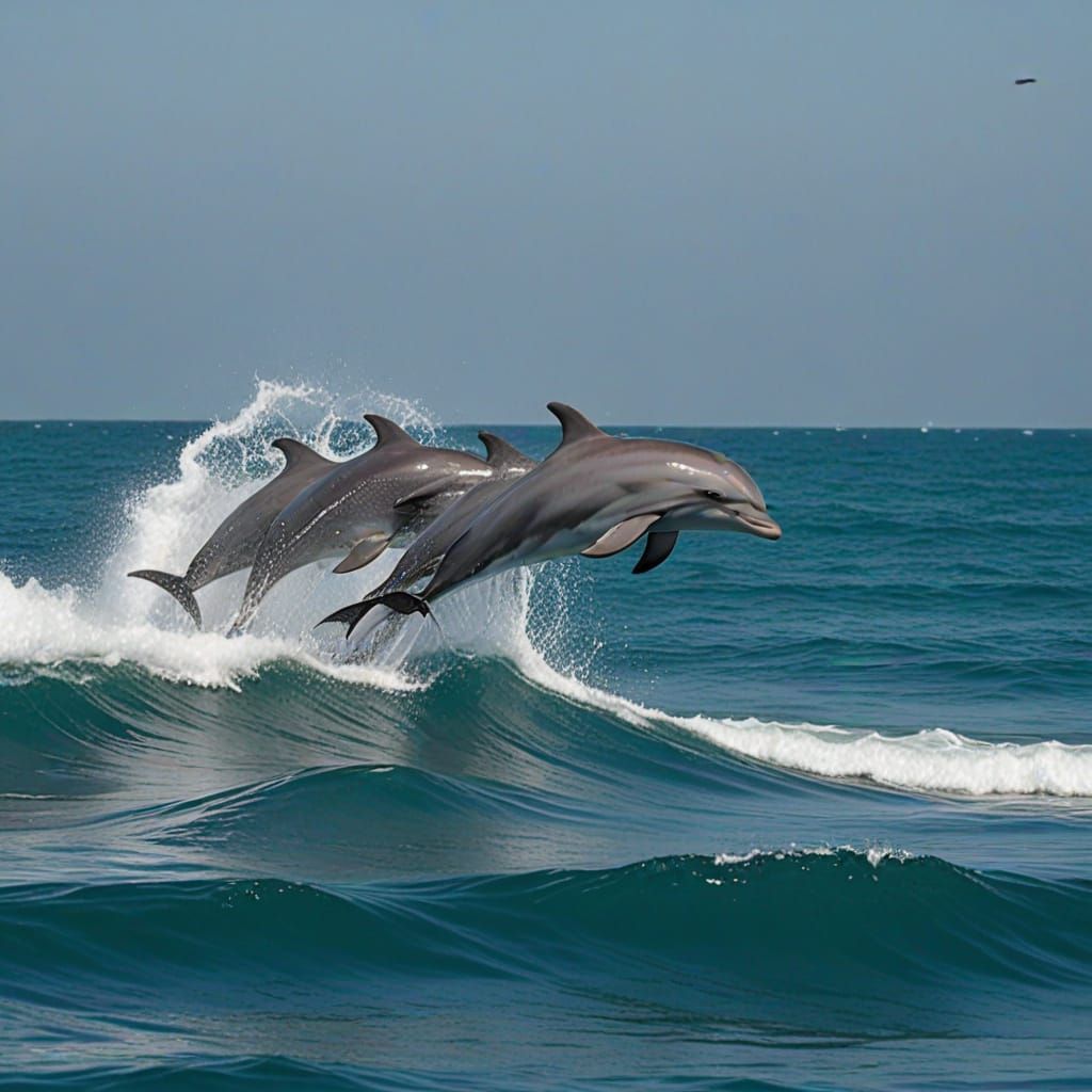 Dolphins Playing Near a Boat on the Ocean
