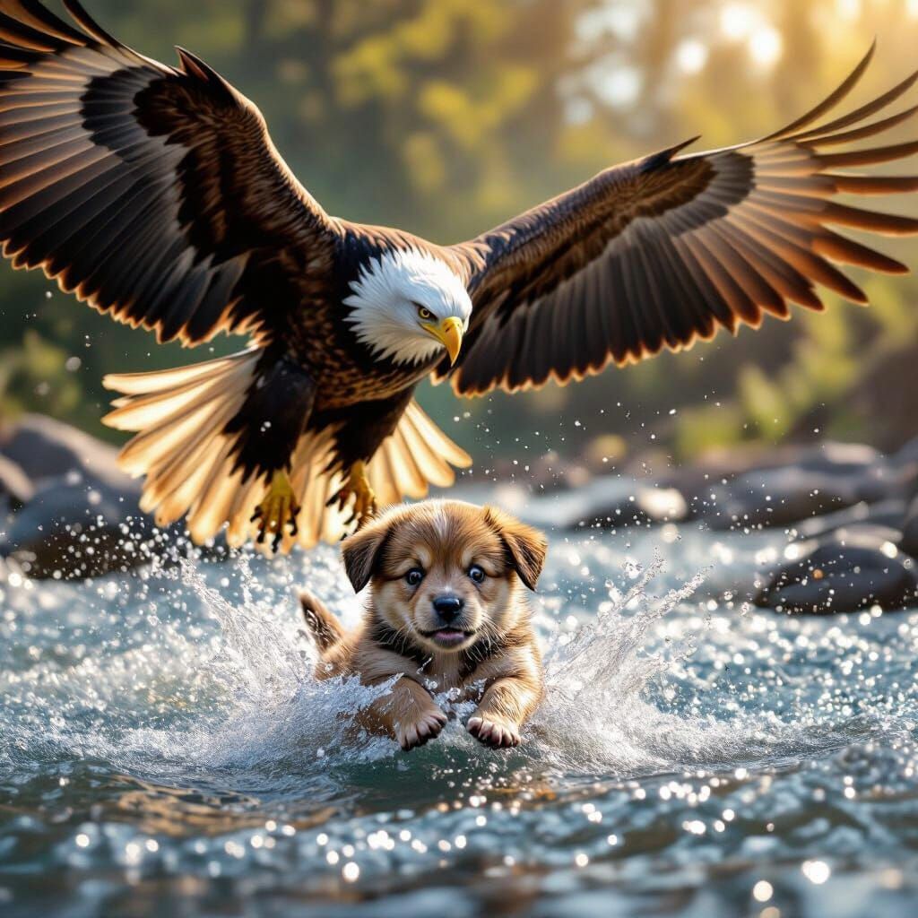 Cute Puppy Rescued by Giant Eagle in Dramatic River Scene