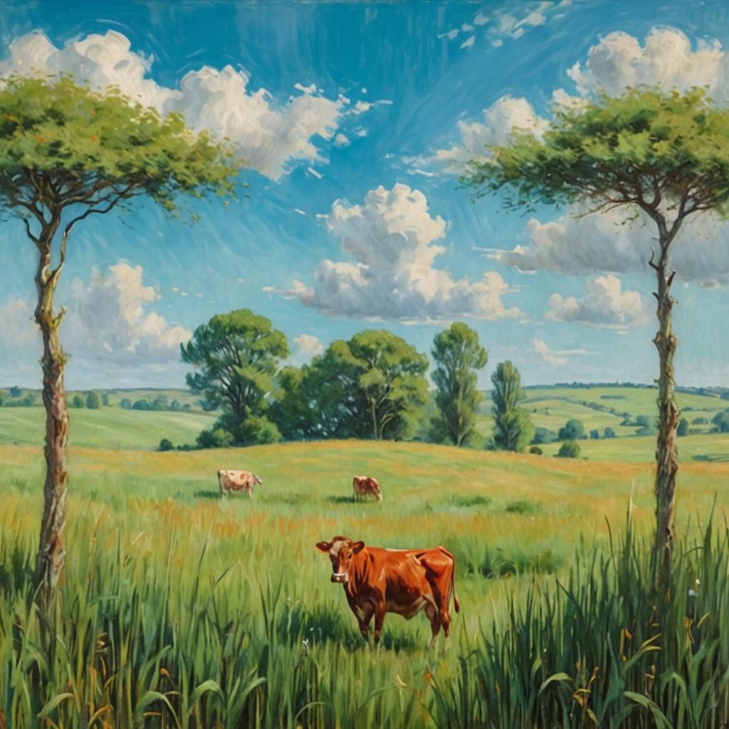 Surreal Impressionist Painting: Cows with Human Minds