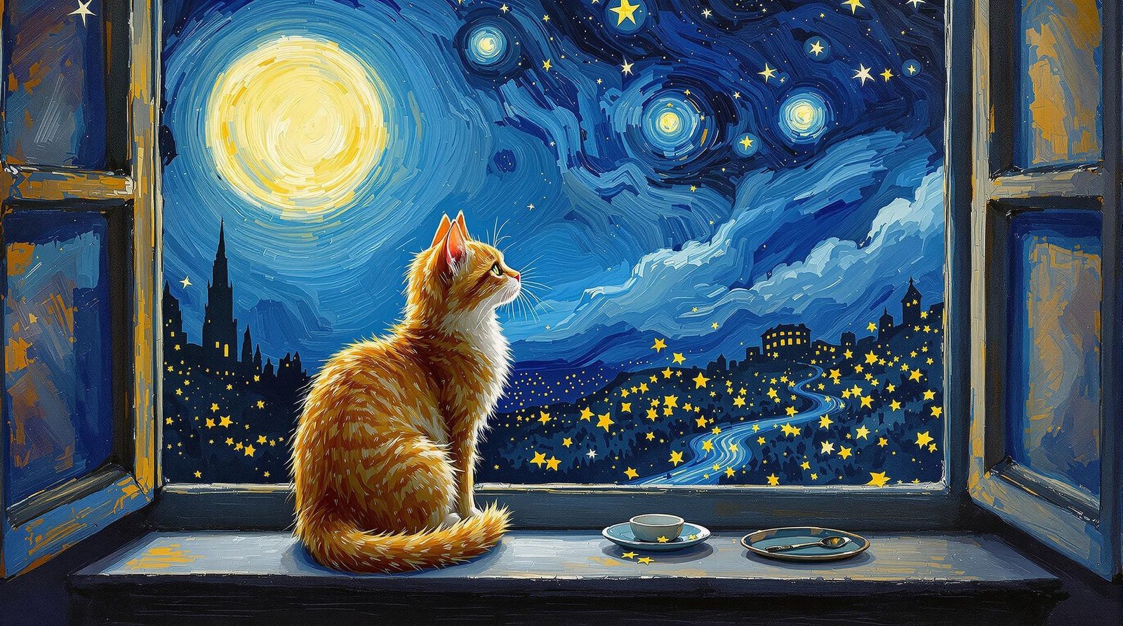 Cat in Moonlight: Impasto Painting in Van Gogh Style
