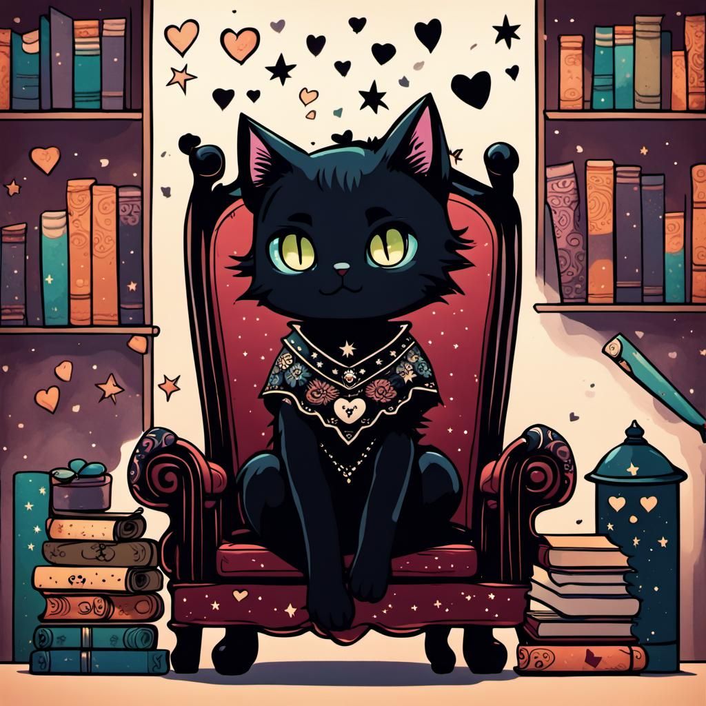 Chibi Black Cat in a Vintage Occult Library