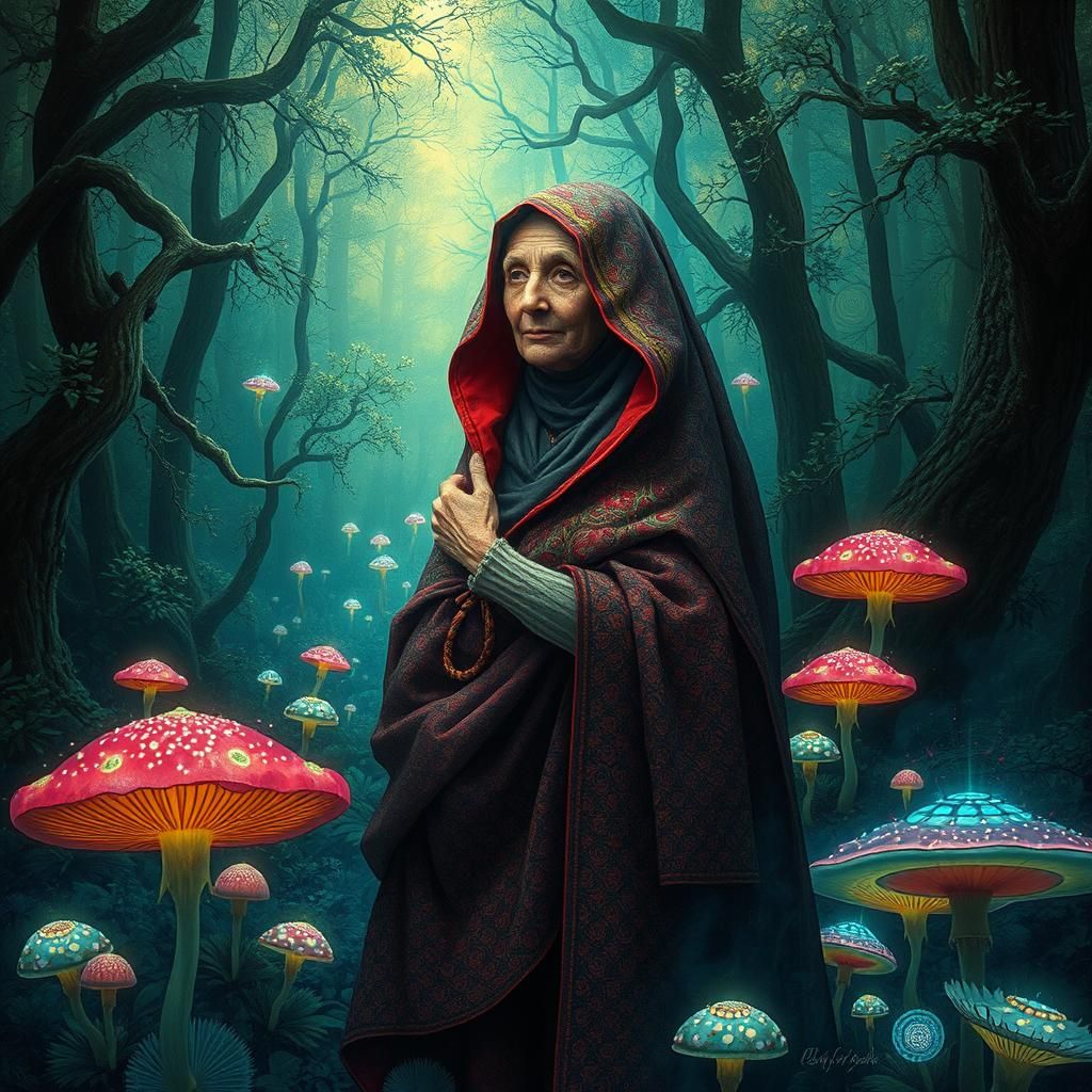 Psychedelic Grandmother in Enchanted Forest, Fantastical Rea...