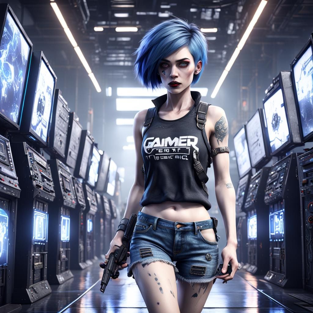 Cyberpunk Gamer Girl in Dark Room, Digital Art