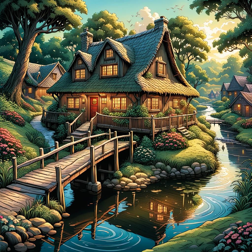 Charming Cottage with Bridges in Comic Book Art