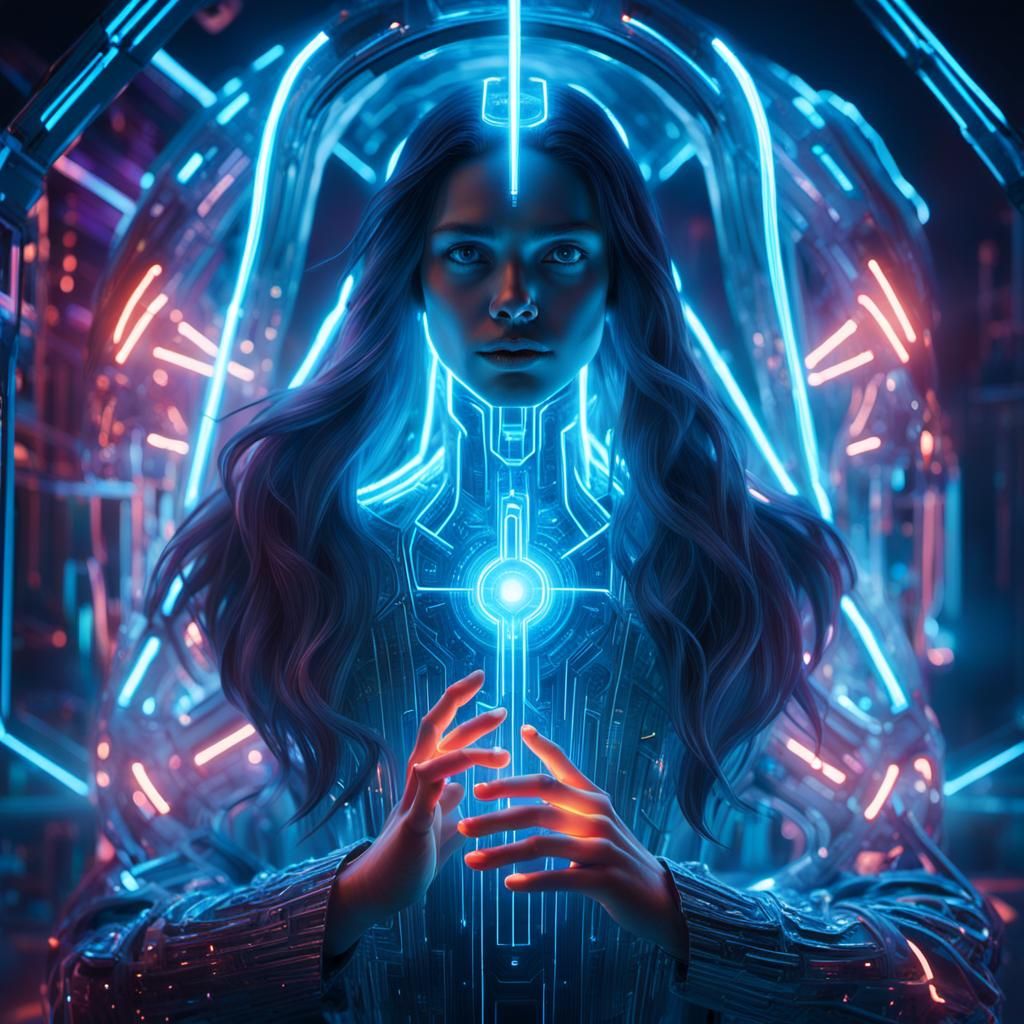 Glass Figure Enters Neon Infinity Portal