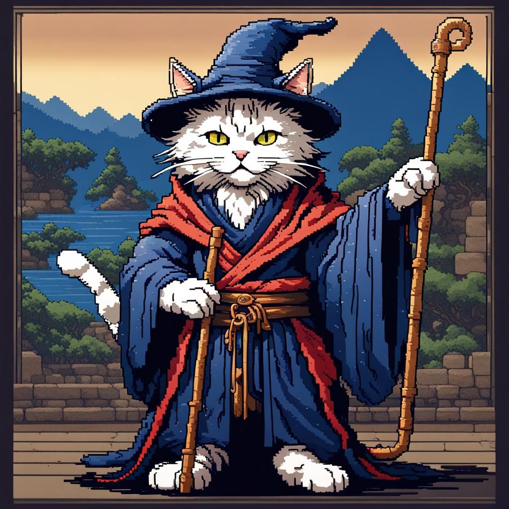 Pixel Art Wizard Cat in Dark Fantasy Style