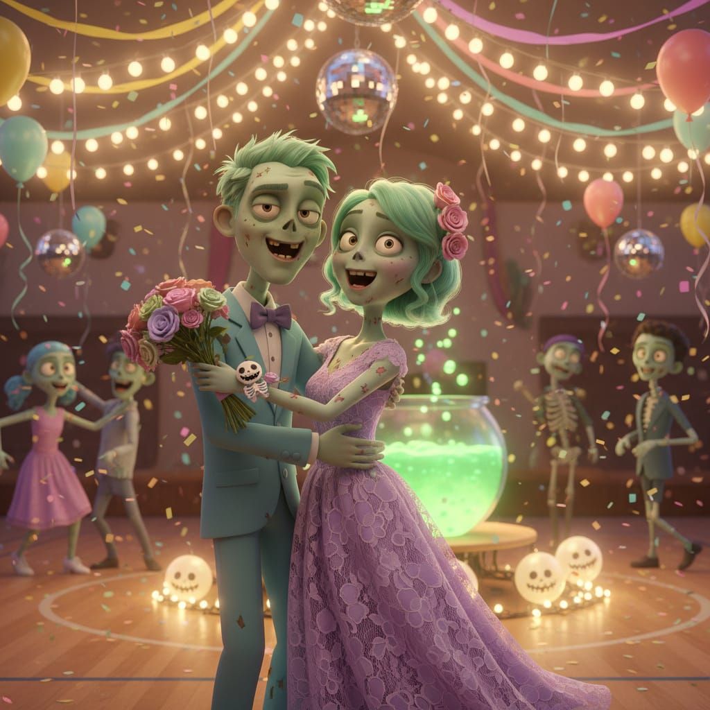 Cute Zombie Prom Couple Dancing in Pixar Style