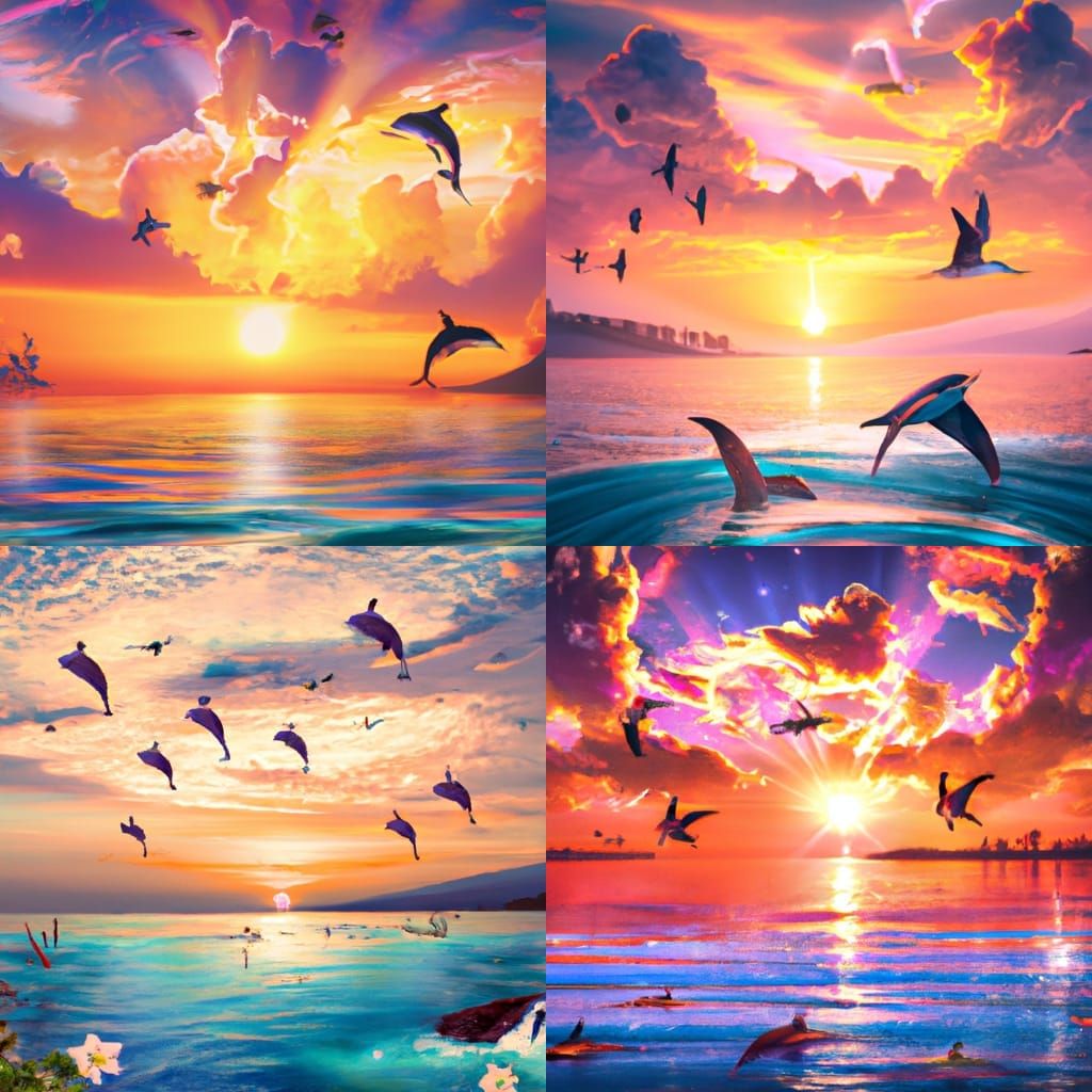 Sunset Paradise: Flying Dolphins in Digital Painting
