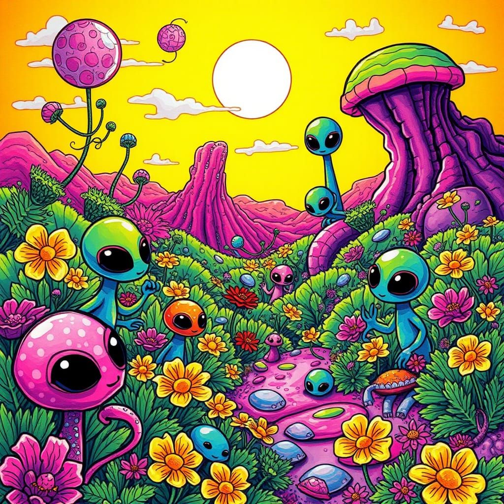 Gummy Alien Ecosystem in Spring, Sharpie Art