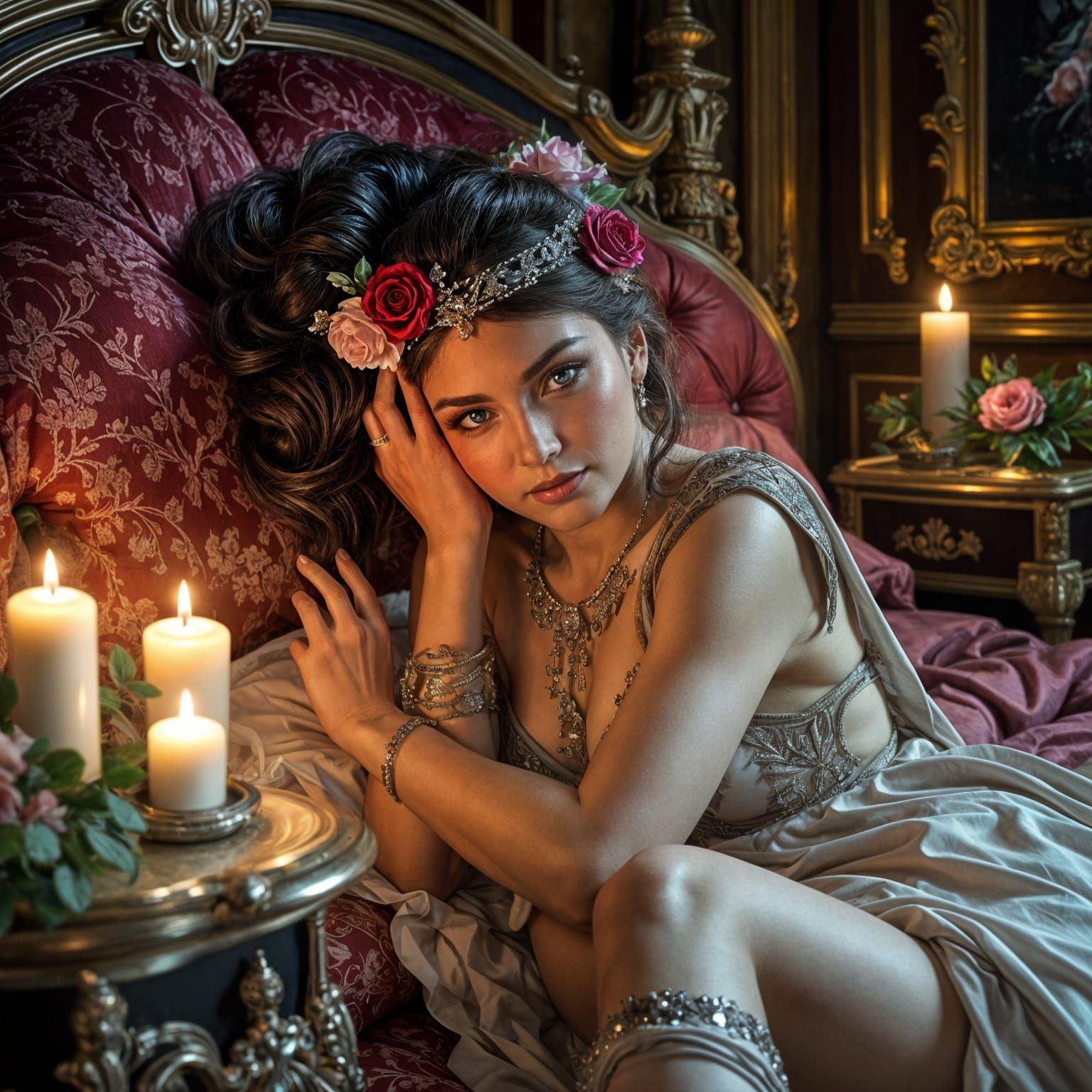 Ethereal Siberian Princess in Velvet Bedchamber