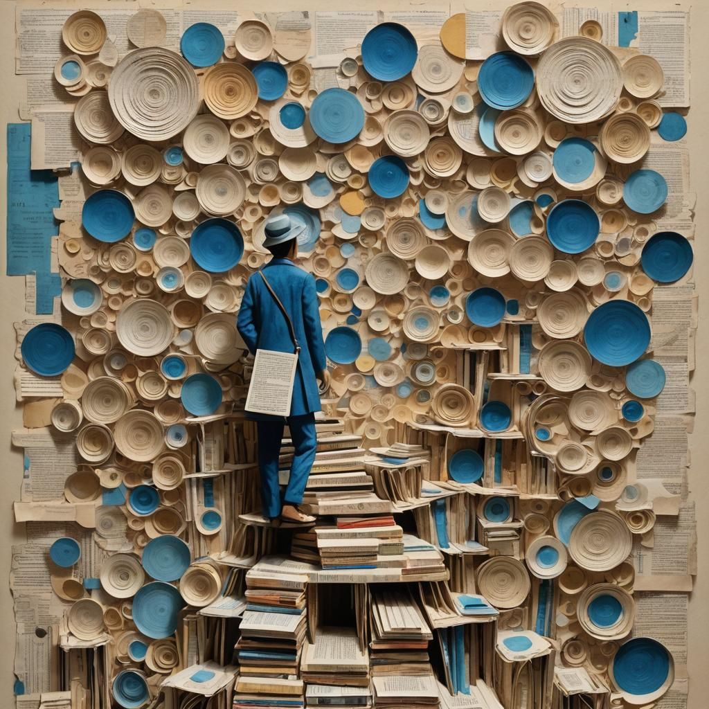 Newspaper Figure on Paper Staircase Collage