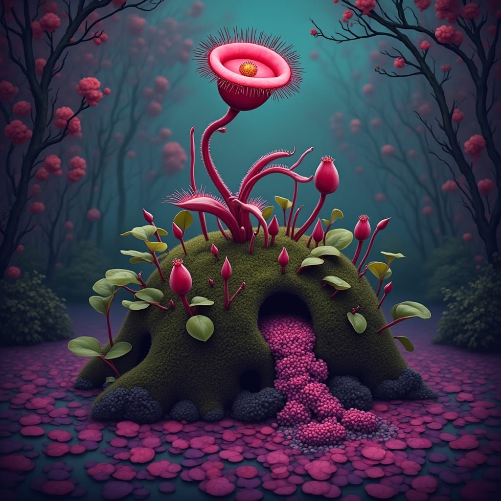 Whimsical Blooms on a Mysterious Obsidian Isle