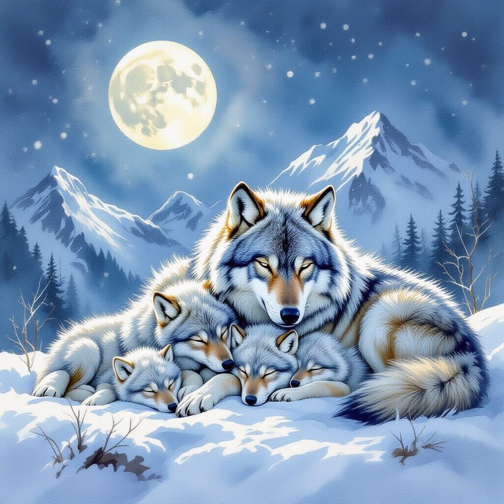 Impressionist Watercolor Wolves Sleeping on Mountaintop