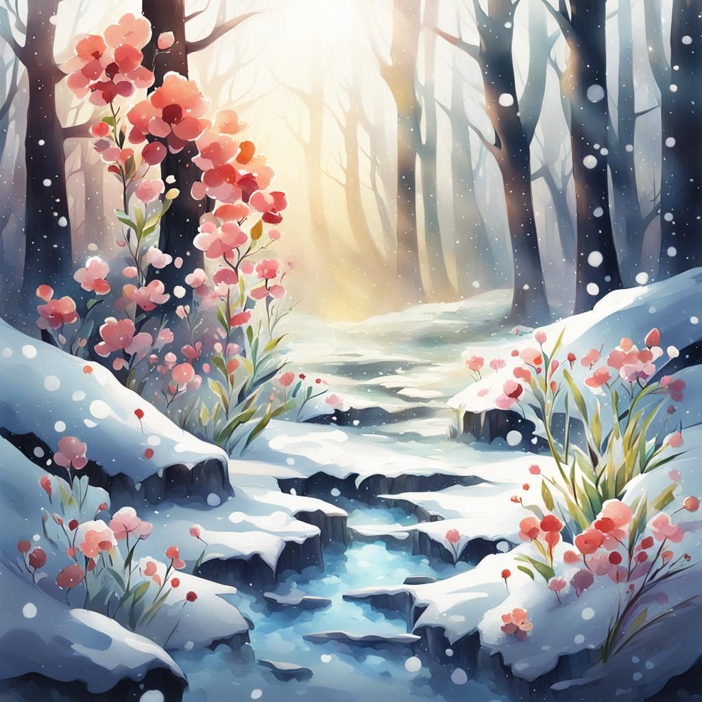 Small Plants Blossom from Snow: Watercolor Illustration