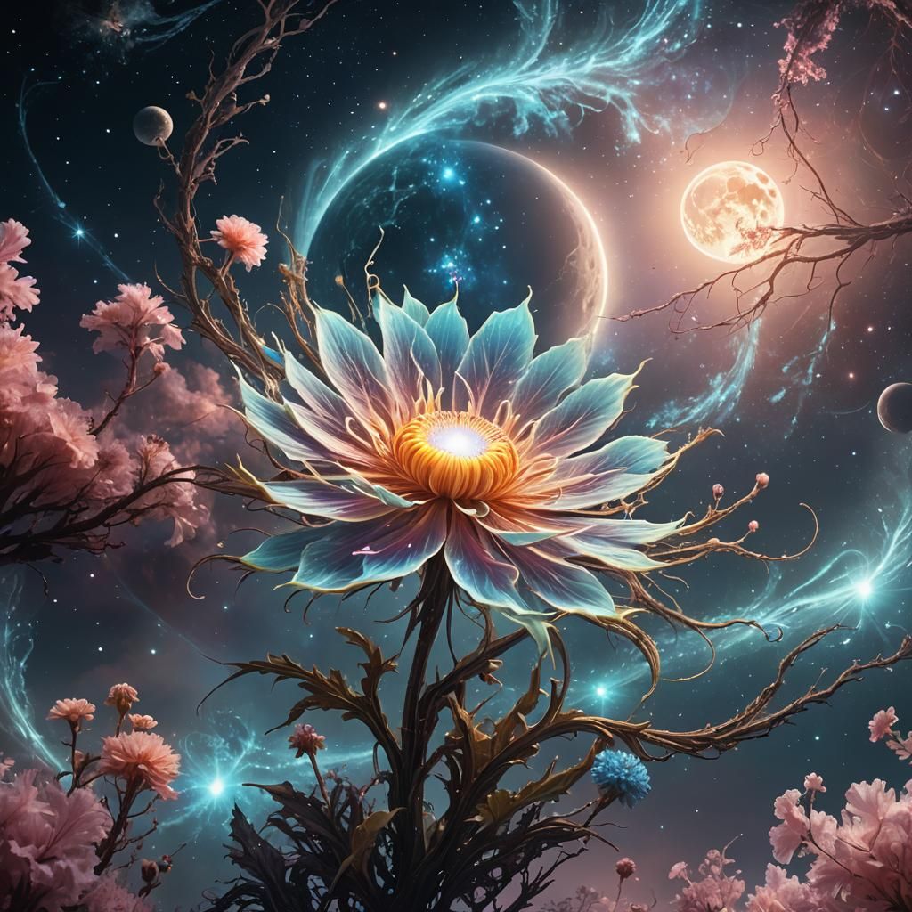 Bioluminescent Cosmic Flower with Nebula, Digital Art