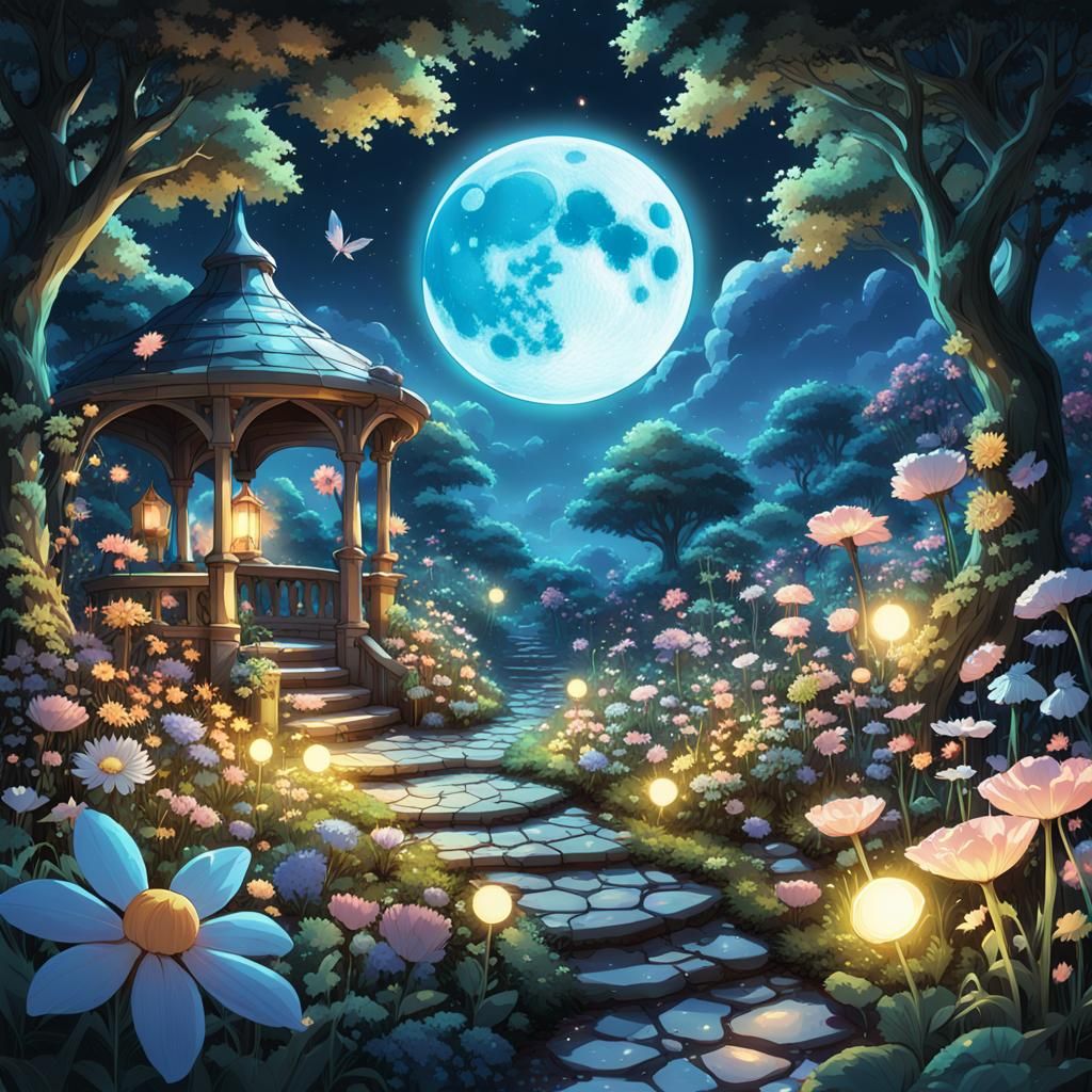 Magical Fairy Garden Under the Moon in Anime Style