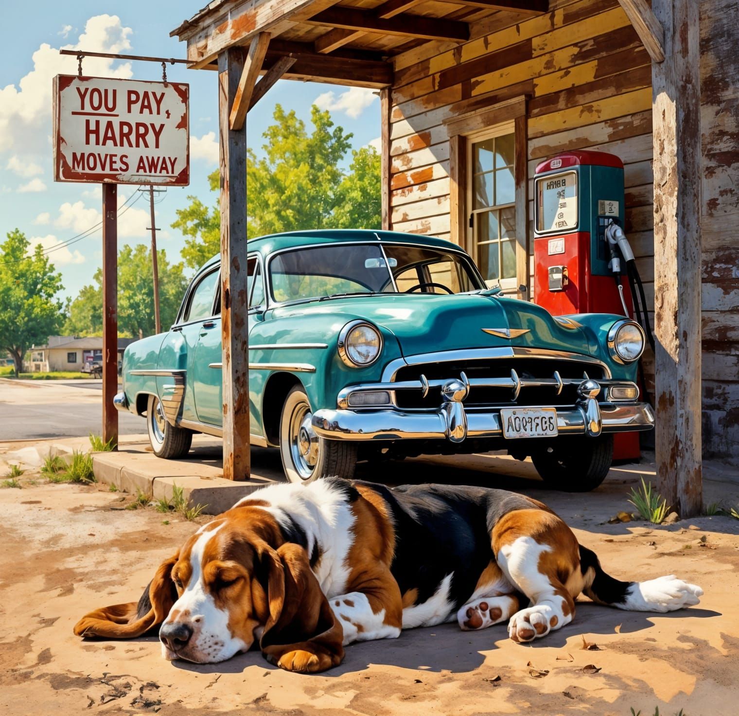 Basset Hound Blocks Texas Gas Station in Realistic Style