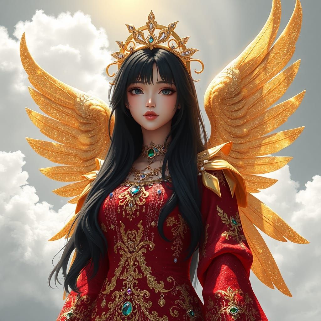 Anime Style Angel with Golden Wings and Crown