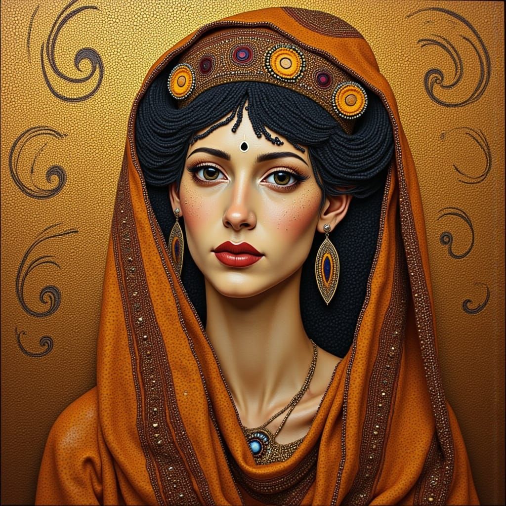 Gilded Portrait in Klimt Style with Textured Fabric