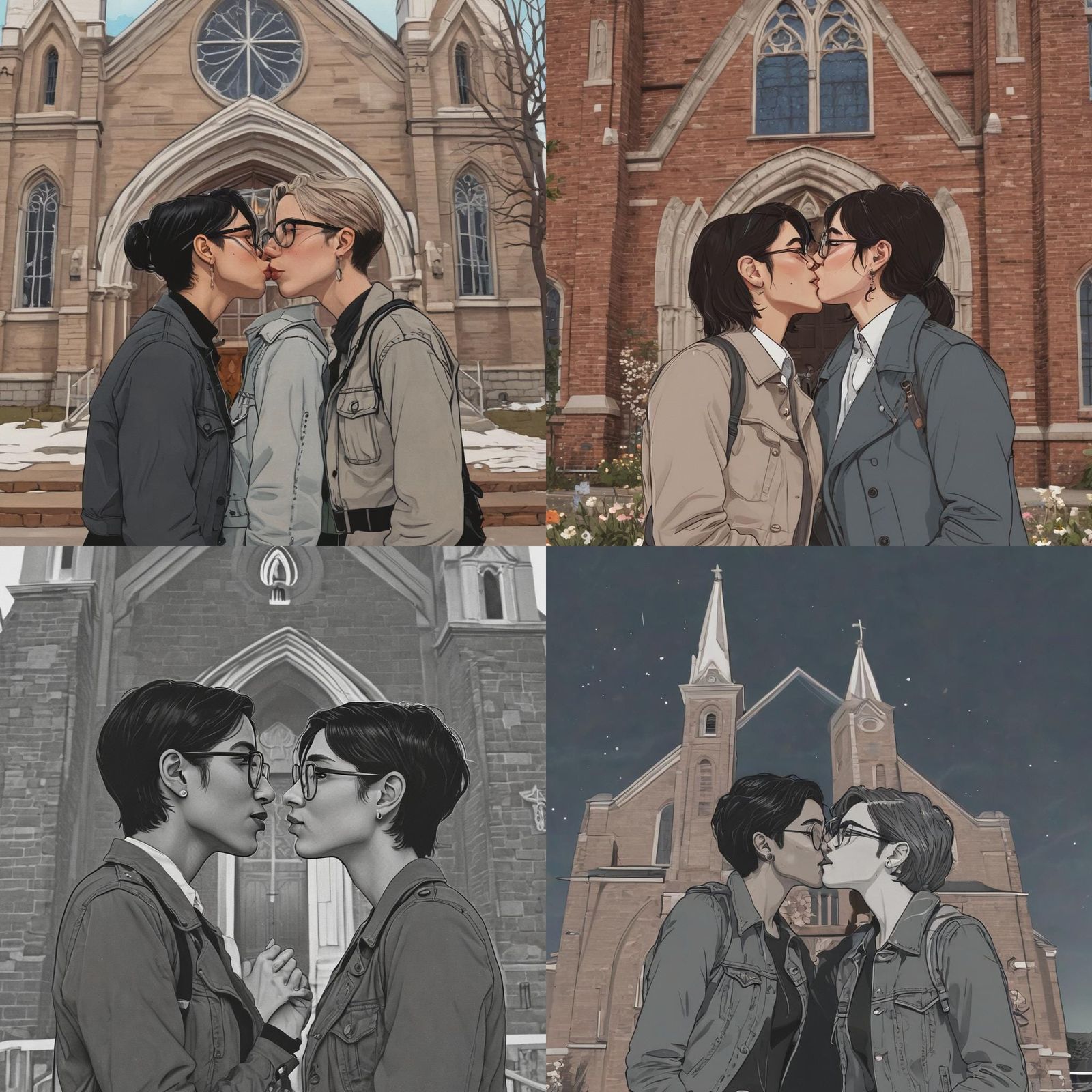 Lesbian Couple Kissing in Vector Art Style