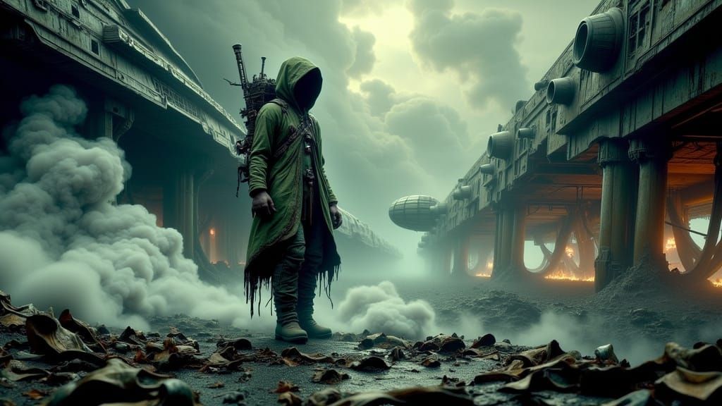 Hooded Figure on Derelict Spaceship in Sci-Fi Style