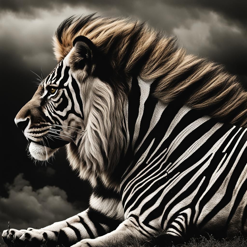 Hyperrealistic Zebra-Lion Hybrid in Cinematic Style
