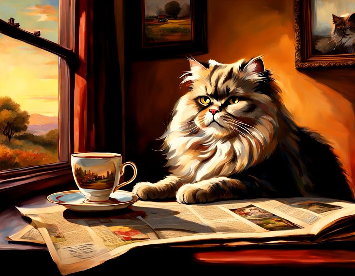 Boomer Cat Reads Newspaper in Nostalgic Style