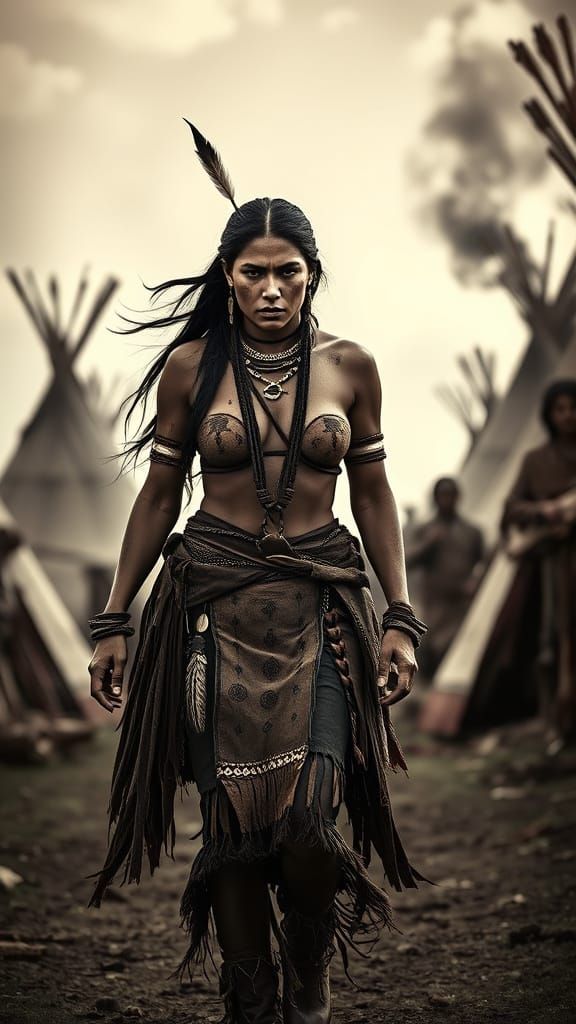 Savage Sioux Warrior Woman in Traditional Regalia