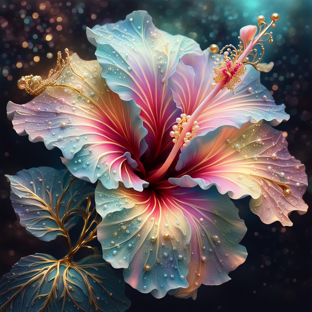 Hibiscus in Vibrant Iridescent Splendor with Metallic Accent...