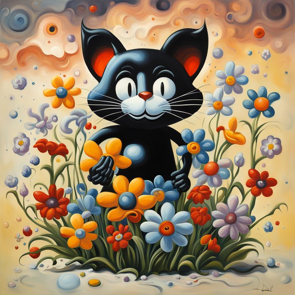 Felix the Cat in a Surrealist Spring Garden
