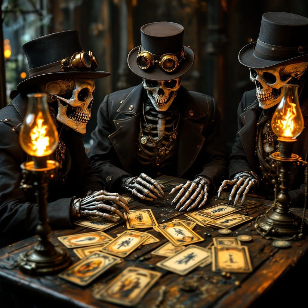 Steampunk Skeletons Examine Tarot Cards in Victorian Era