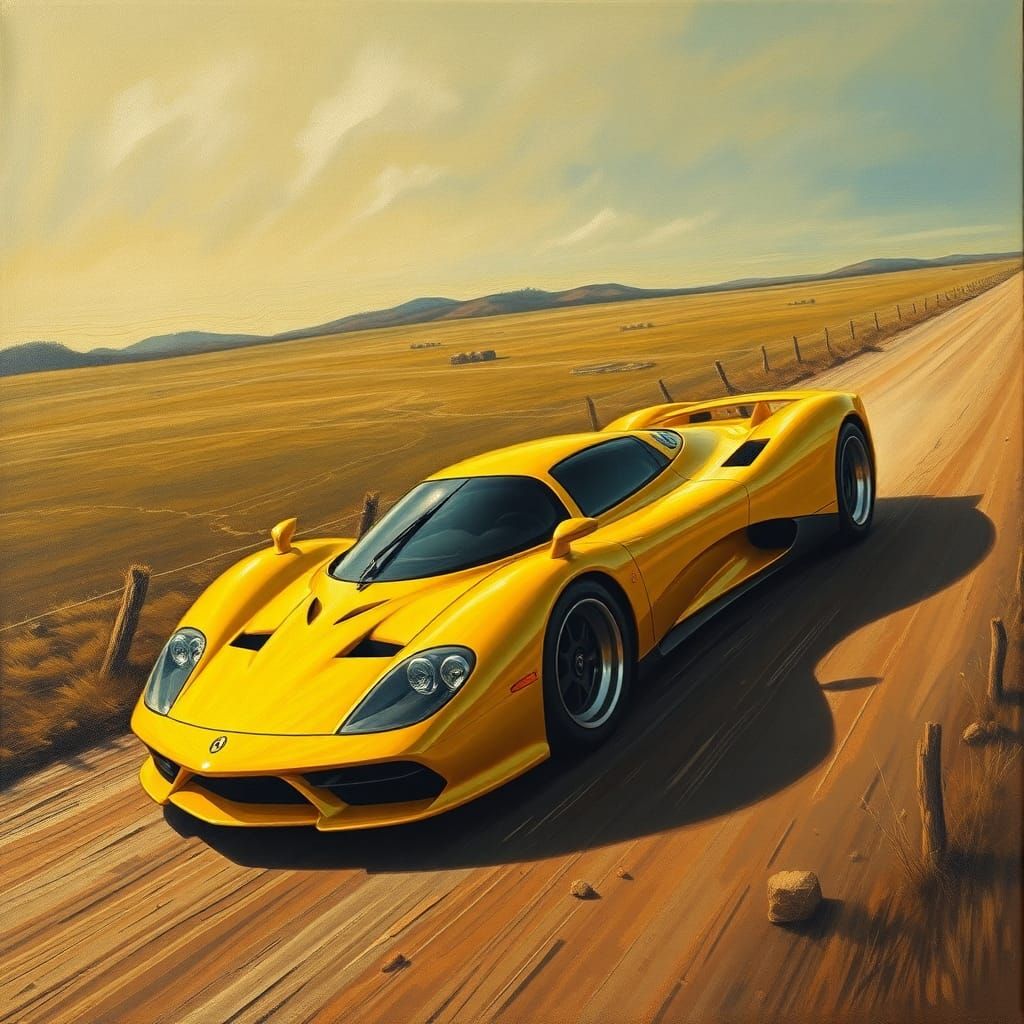 Surreal Yellow Supercar Speeds on Rural Road