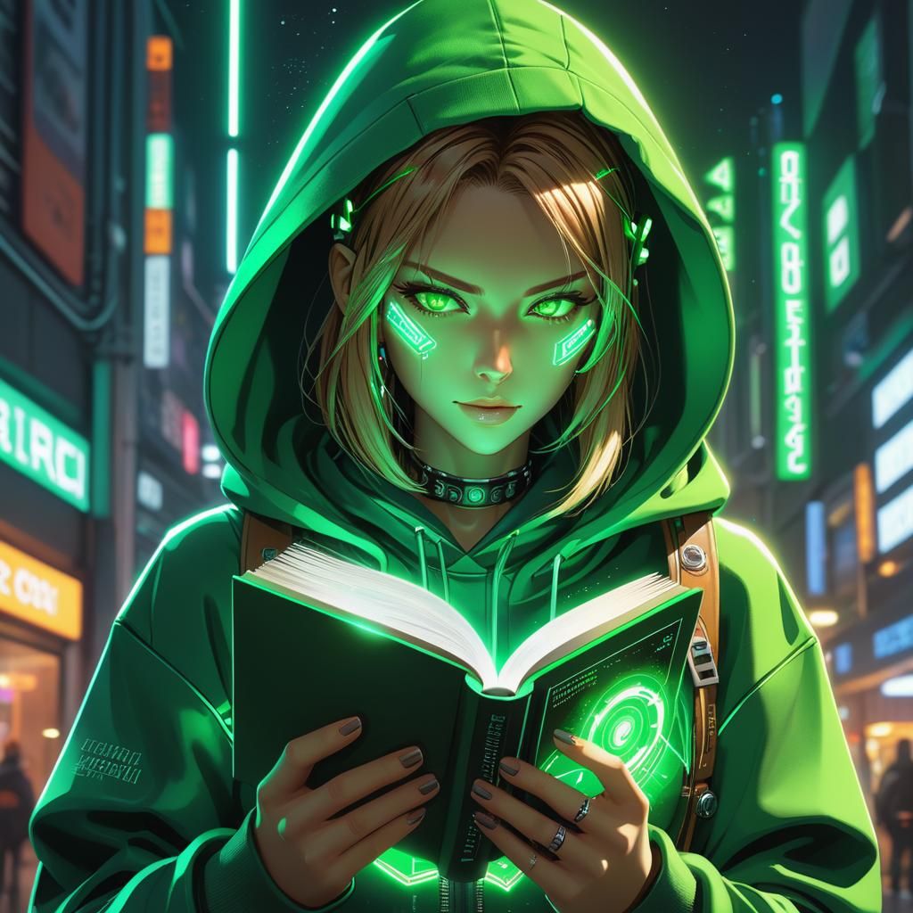 Anime Cyborg Girl Reading Cybernetic Book