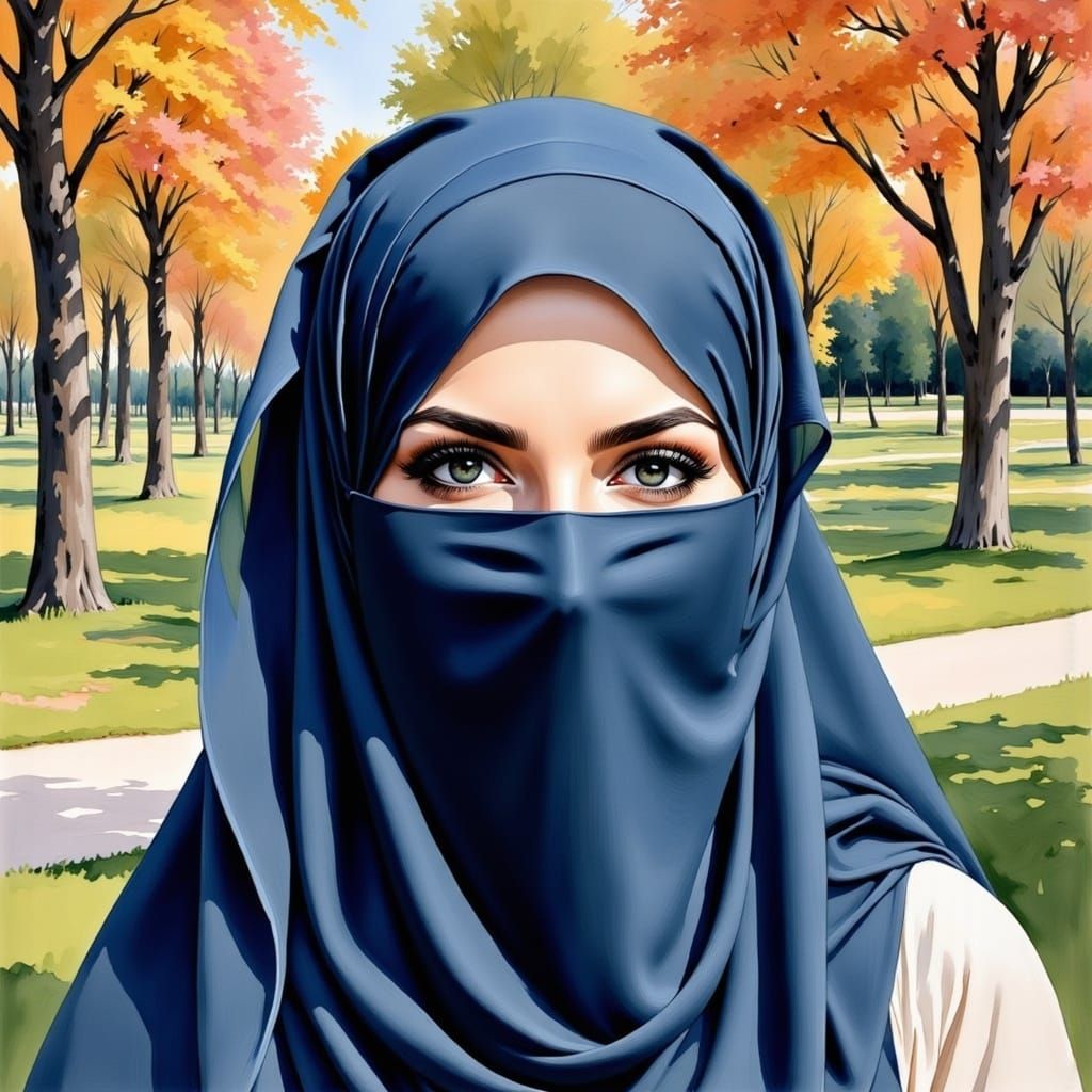Beautiful Niqabi Woman Portrait in Oil-Guache Style