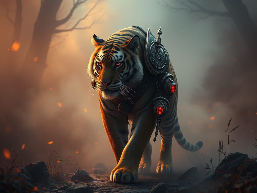 Armored Tiger in Dark Fantasy Landscape
