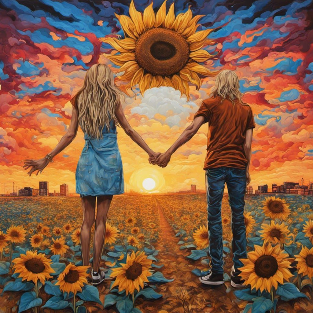 Friends in Sunflower Field: Graffiti Art Sunset