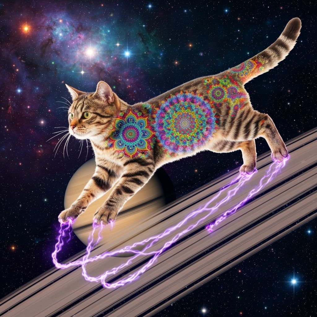 Psychedelic Cat Leaps Across Rings of Saturn