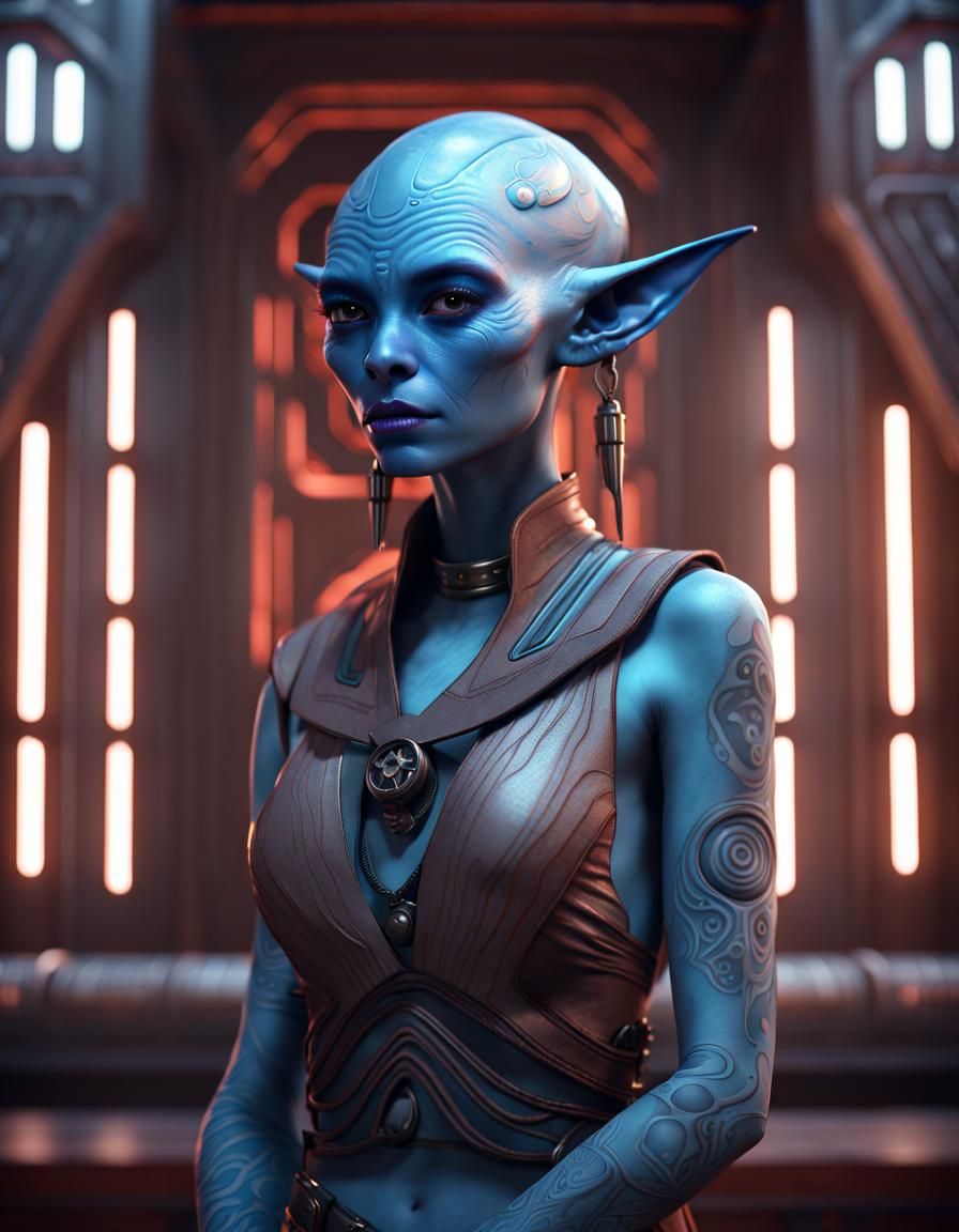 Blue Alien in Temple Interior, Matte Painting Style