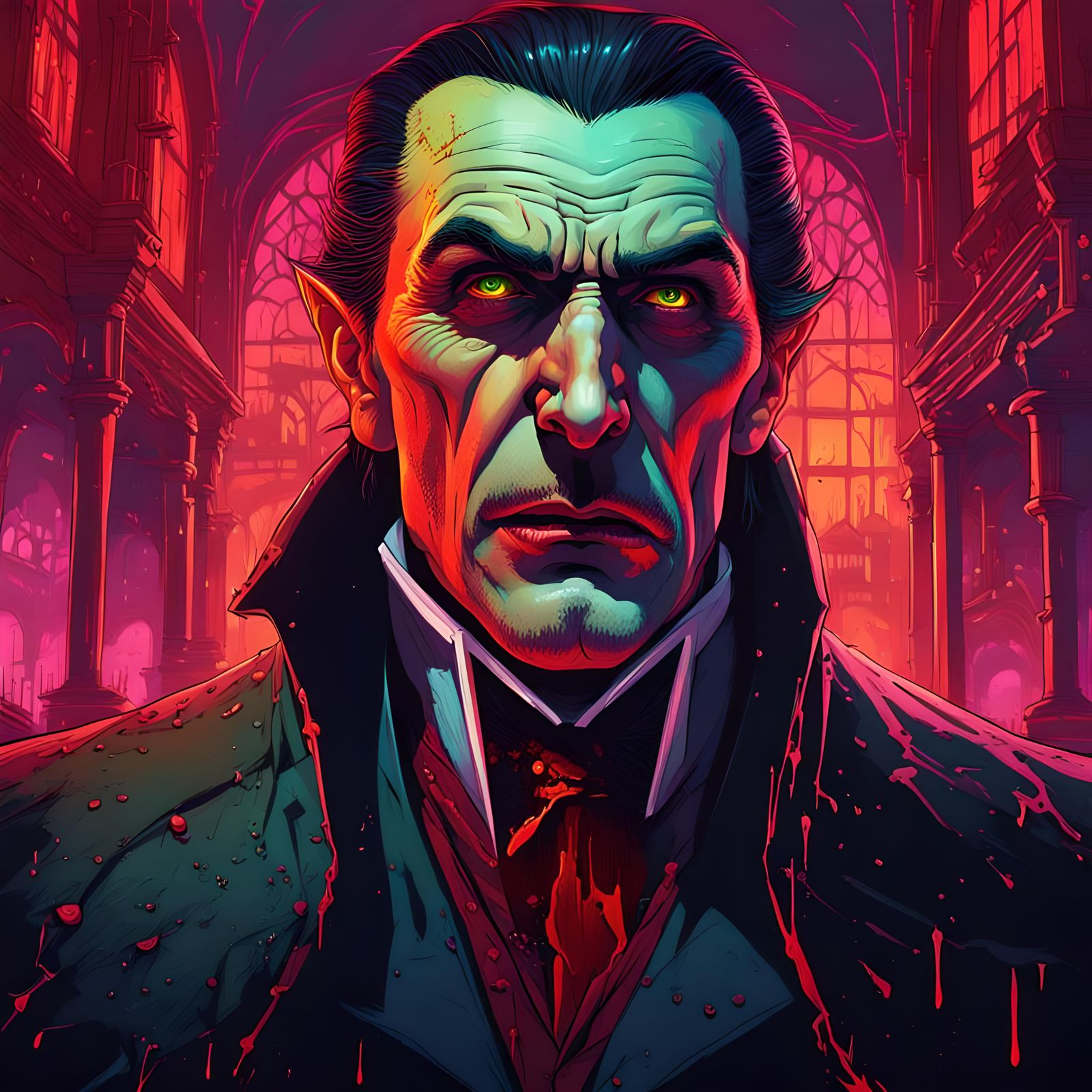 Count Dracula Portrait in Neon Laboratory
