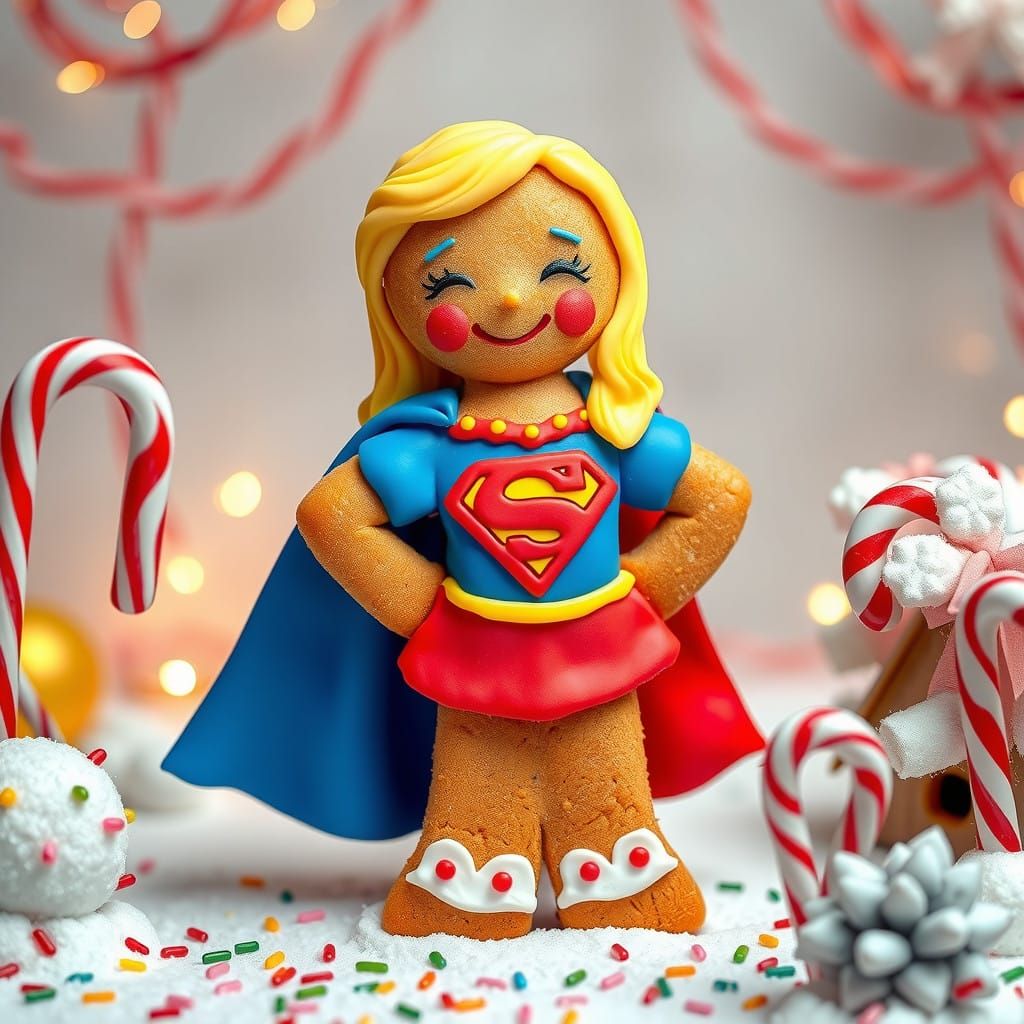 Golden Gingerbread Supergirl in Colorful Whimsical Holiday S...