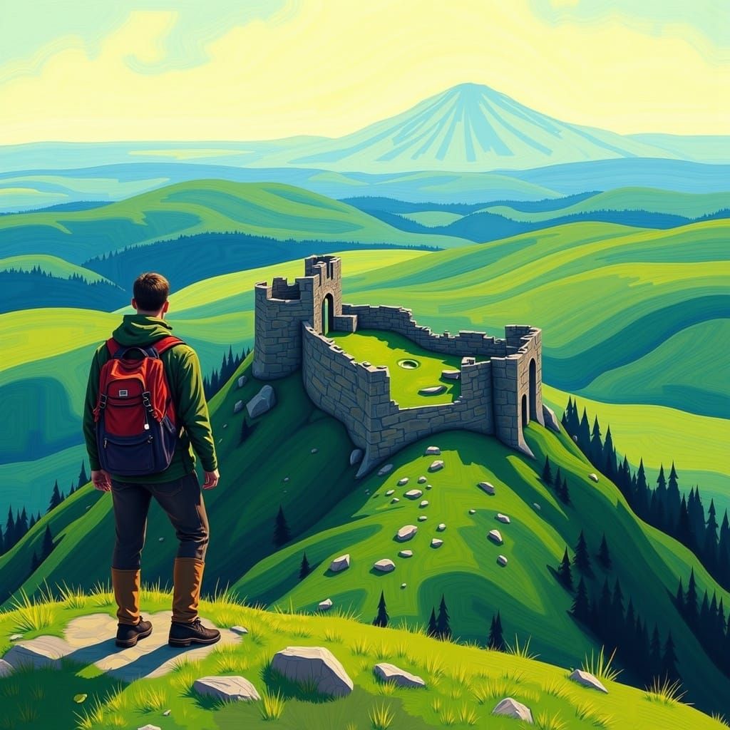 Traveler Overlooking Ancient Castle Ruins in Misty Landscape