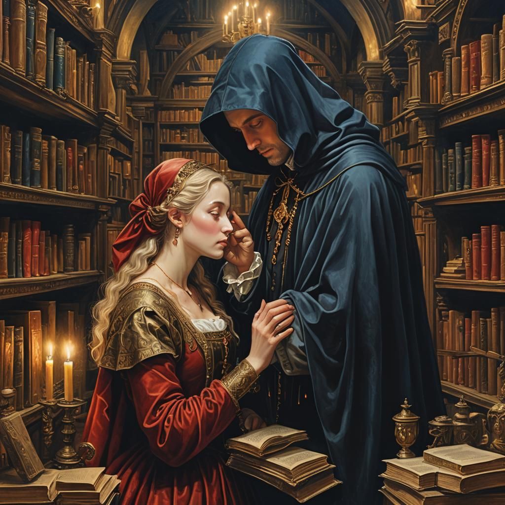 Romantic Library Kiss: Medieval Art in Lippi Style