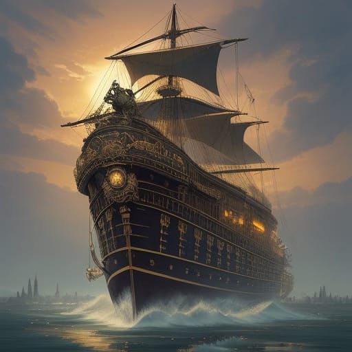 Steampunk Newfoundland Zeppelin Over Victorian Cityscape