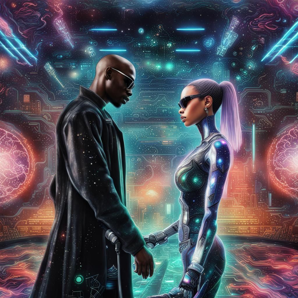 African Neo vs White Smith in Matrix, Holographic Illustrati...