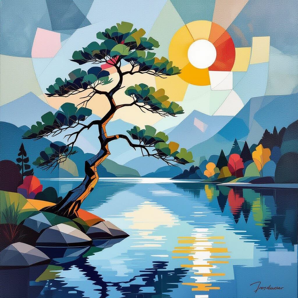 Bonsai Tree Beside Lake in Abstract Cubist Style